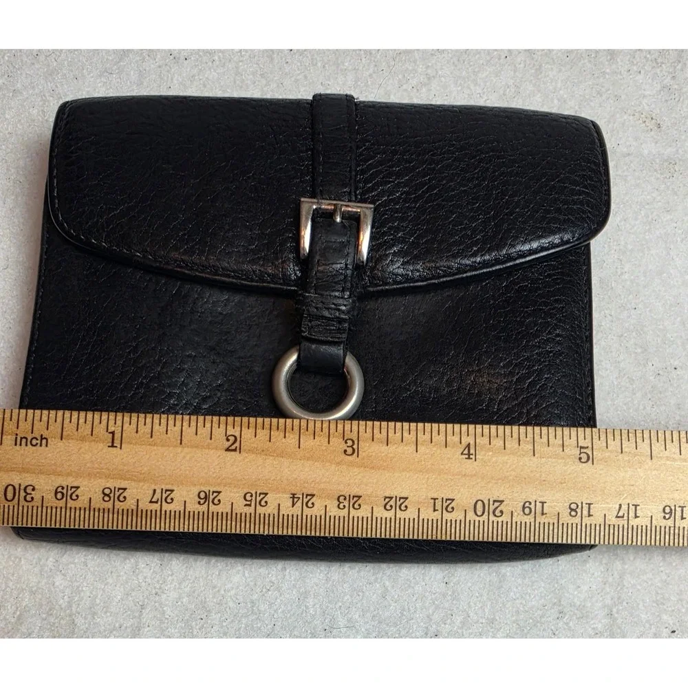 Authentic Black Pebbled Leather Trifold Wallet Buckle Ring Detail Made in Italy